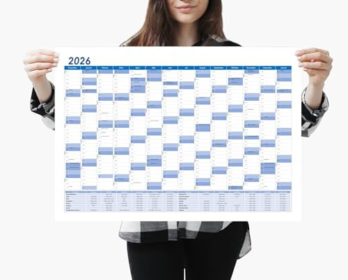 Din A2 Wandkalender für 2026, 14 Monate, Jahreskalender Monatsübersicht, (59,4 cm x 42 cm),Planer Termine, bspw. für Büro, Zuhause, Jahresplaner, Monatsplaner, Familienkalender, Kalender gefaltet