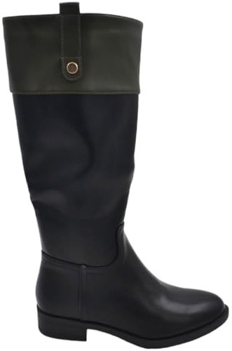 Stivali Alti in Pelle Bicolore Nero e Verde con Tacco Basso 2 cm al Ginocchio Dettaglio Bottone Oro Aderente con Zip (38 EU)