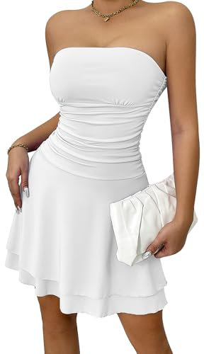 Ausing Mini Kleider für Damen Kurz Sexy Bandeau Schulterfrei Kleid Off Shoulder Figurbetont Plissee Bodycon Kleid Party Club Elegant Cocktailkleider Trägerloses Rückenfrei Abendkleid Clubwear Weiß L