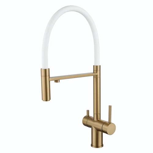 XJTNLB 3 Wege Wasserhahn Küche Gold Gebürstet Ausziehbar 3 in 1 Spültischarmatur Trinkwasser Zweigriffarmatur Küche Heißes und Kaltes