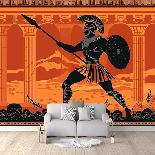 WHUOEUCO 3D Foto Tapete Orangefarbener Antiker Griechischer Krieger 400x280 cm Motivtapeten Wandbild Vlies Fototapete Poster Wandtapete, für Schlafzimmer Wohnzimmer TV-Hintergrund Wanddeko
