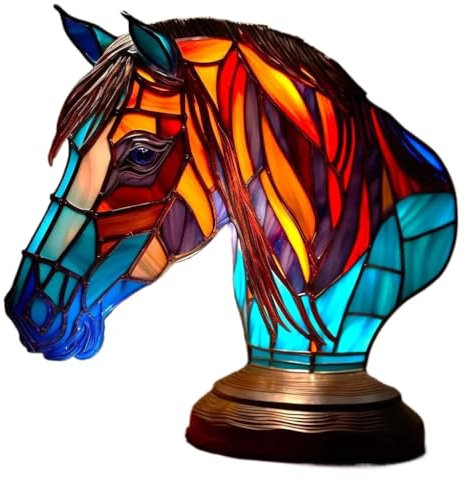 Micmetago Crystallii Artistische Lampe - vitrafauna Crystallii Künstlerische Buntglas-Tischlampe – Stilvolle Tiffany-Glaslampe für Wohnzimmer, Schlafzimmer & Leseecken (Groß,Pferd)