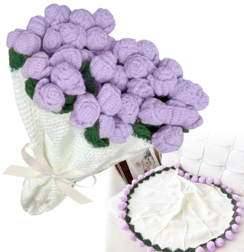 bechoanigel Fertige Häkelblumenstrauß Decke – Handgemachte Rosen Kuscheldecke, Bunte Blumendecke Geschenk für Mutter, Frau, Freundin – Sofa Bettdecke für Geburtstag, Muttertag (Lila, 80×80 cm)