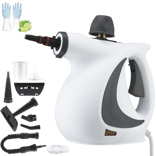 Kompakte Dampf-Desinfektionsreiniger, Steam Cleaner Mobile mit Sicherheitsverriegelung, Dampfreiniger Handgerät mit 9 Zubehör für Alles Polstermöbel Auto Fenster Floors Fliesen Teppich