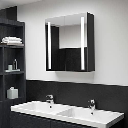 Owoxanthellate LED Spiegelschrank Badezimmer 62x14x60 cm Anthrazit Modernes MDF Design mit 3 Fächern und Energiesparender Beleuchtung für kleine Gäste-WC und Badezimmer