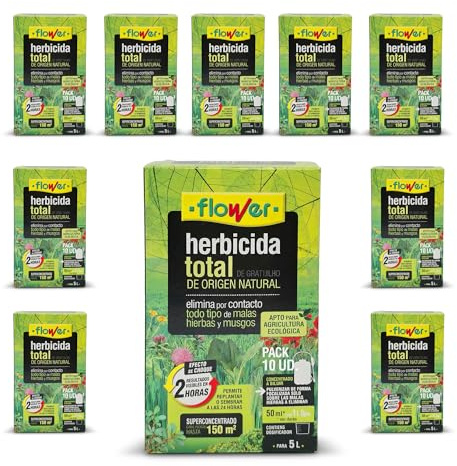 FLOWER X10 Bio-Gesamtherbizid natürlichen Ursprungs bis 1500 m² | Entfernt Unkraut und Moose | sichtbare Ergebnisse in 2 Stunden | 2500 ml + Dosierer in 50 l Wasser verdünnt | Super Konzentrat