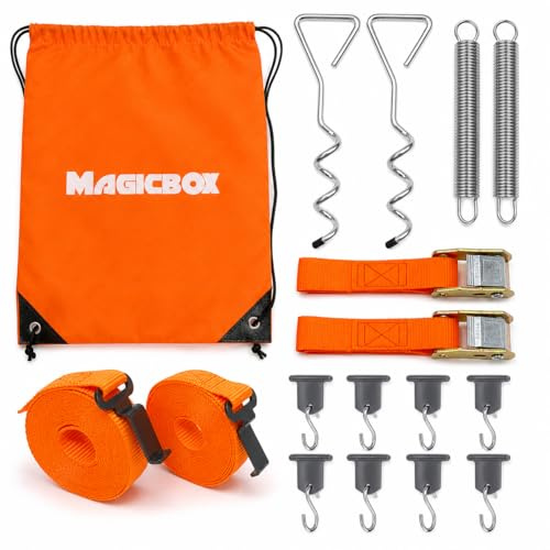 Magicbox Upgraded Awning Storm Straps Tie Down Kit, 40cm Spiral Anchors, 3.4m Storm Straps for Awnings, 8 S Hooks, Shock Springs for Thule Fiamma Omnistor Caravan Motorhome