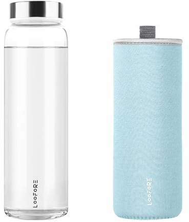LOOFORE Glass Water Bottle 1000ml 1L with Wide Mouth and Neoprene Sleeve | Reusable, Bpa Free, Eco Friendly, Leakproof, Borosilicate Glass Drinking Bottle for Fitness, Sports & Workout, Daily, 1 Pack
