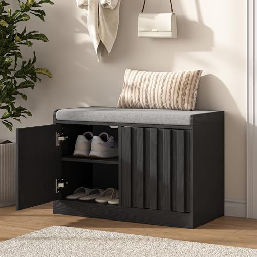 UEV Shoe Storage Bench with Cushion Seat, Wooden Slat Shoe Cabinet with Doors & Shelves, Entryway Hallway Storage Bench, Ideal for Flats & Slippers, Black, 66W x 32D x 44H cm