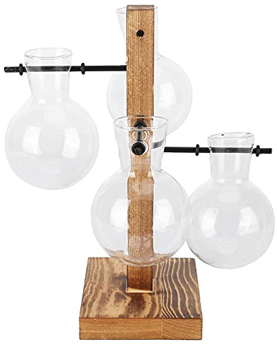 Vase hydroponique innovant rétro Pot de Fleurs Bricolage Vase en Verre Transparent avec Support en Bois pour la Maison, Le Bureau, la décoration en Verre Borosilicate 11 x 8,5 x