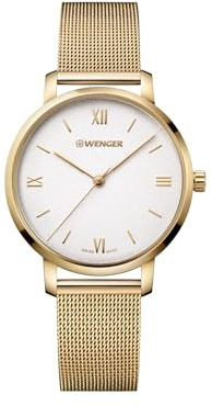 WENGER Damen Armbanduhr Metropolitan Donnissima Ø 38 mm, Swiss Made, Analog Quarz, Wasserdicht bis 100 m, Mesh-Armband, Silberweiß/Gold, 01.1731.107