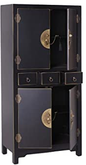 TMM Tousmesmeubles Armoire 4 Portes, 3 tiroirs Noire Meuble Chinois - Pekin - L 63 x l 33 x H 131 cm - Neuf