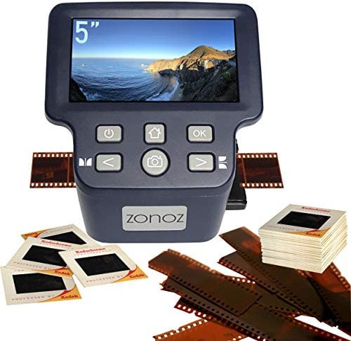 zonoz FS-5 Digital Film & Slide Scanner - Converts 35mm, 126, 110, Super 8 & 8mm Film Negatives & Slides to JPEG - Includes Large Bright 5-Inch LCD & Easy-Load Film Inserts Adapters