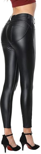 Uni-Wert Damen Lederhose Stretch Skinny Leggings High Waist Schwarz Kunstleder Hose, Schwarz, EU 46/(Asian 4XL)