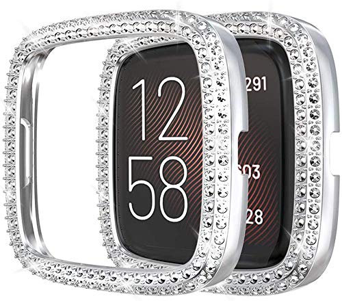 Miimall Kompatibel mit Fitbit Versa 2 Hülle, Strass Glitzer Harter PC Schutzhülle Stoßfest Kratzfest Bling Diamant Bumper Case für Fitbit Versa 2 - Silber