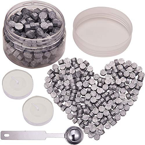 CRASPIRE 210PCS Wax Seal Beads, Silver Octagon Sealing Wax Beads Kit Packed in Can 9mm Wax Seal with 2Pcs White Tea Candles 1 PC Metal Wax Melting Spoon for Letter Greeting Card Wax Sealing Stamp