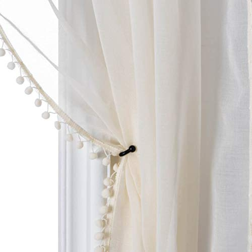 MISS SELECTEX Transparente Vorhänge in Leinenoptik, mit Bommel und Quasten, Stangentasche, Voile, halbtransparent, für Wohnzimmer und Schlafzimmer, 2er-Set Vorhangpaneele (132,1 x 241,3 cm, Elfenbein)