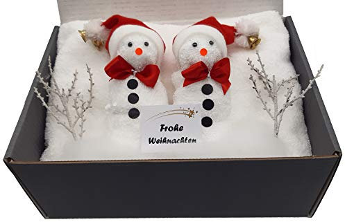 Frotteebox Set 6-teilig 2X Handtuch (100x50cm) 500g/qm + 2X Schneemann weiß aus Waschhandschuh geformt mit weihnachtlichen Eierwärmern als Mützen