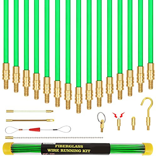 21 Feet Fiberglass Fish Tape Cable Rods, Electrical Wire Running Pull/Push Kit with Hook and Hole Kit Glow Rod, Hook Hole, Green