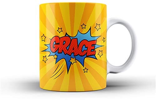 iCaseDesigner Personalised Comic Caption Ceramic Mug with Name or Message - 1. Yellow with Red Text