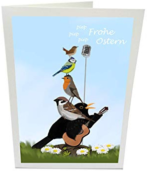 Lustige Osterkarte Gartenvögel Amsel Spatz Rotkehlchen Blaumeise Zaunkönig singen Frohe Ostern Inklusive Umschlag