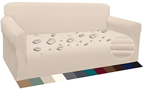 Earnmore Wasserdicht Sofabezug 1 Sitzer Verdickte Stretch Sofahusse Hunde und Katzen Rutschfester Möbelschutz mit Schaumstangen für Wohnzimmer Anti Rutsch (3 Sitzer,Beige)