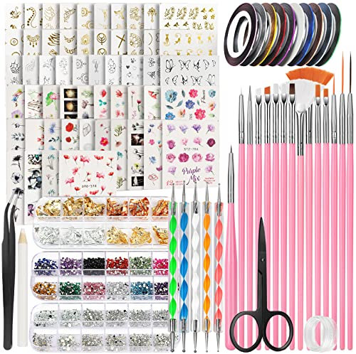 FANDAMEI Water Transfer Nail Art Stickers and Brushes Set - 54 Sheets Decals, Design Brush, Dotting Tool, Striping Tape, Gems & Rhinestones, Foil - Pink