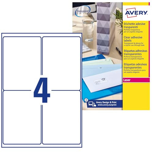 AVERY Zweckform L7786-25 transparente Etiketten (100 Klebeetiketten, 99,1x139 mm auf A4, Aufkleber zum Bedrucken, selbstklebend, wetterfest, Beschriftungen/Produktaufkleber) 25 Blatt, durchsichtig