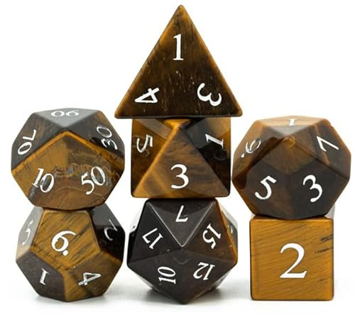 World of Dice - Tigerauge Edition - edles Würfelset aus echtem Schmuckstein, 7-teiliges Würfelset für RPG, Pen and Paper, DND, DSA, D4 bis D20