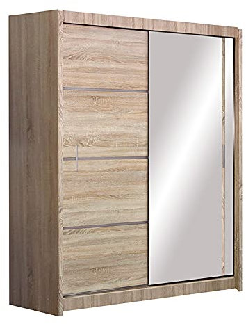 Furniture24 Kleiderschrank Vista 150 Schwebetürenschrank Schrank mit Schiebetür 2 Kleiderstangen 5 Einlegeboden Sonoma Eiche mit Spiegel 150/215 / 61 cm