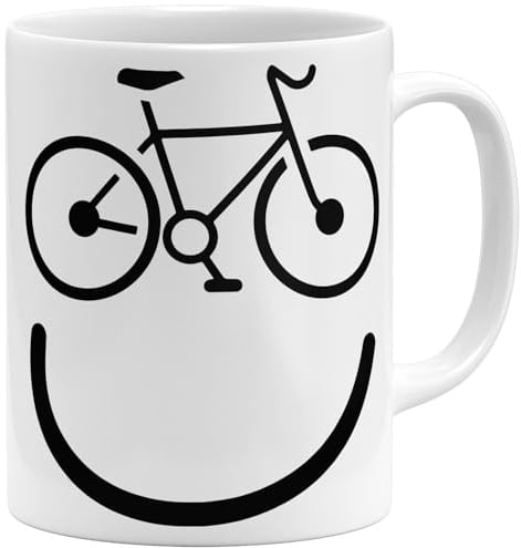 OM3® lustige Fahrrad Kaffee-Tasse mit lachendem Gesicht - Bicycle Happy Smile - Keramik Becher - 325ml - Beidseitig Bedruckt - Weiss