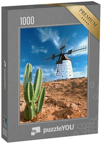 puzzleYOU: Puzzle 1000 Teile „Kaktus und traditionelle Windmühle auf Fuerteventura, Kanarische Inseln“ – aus der Puzzle-Kollektion Fuerteventura