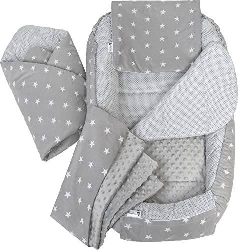 Medi Partners Babynest Nestchen Baby Set für Neugeborene - 100x60x15 Kuschelnest 5 teilig tragbar Nest zweiseitig Babynestchen Bett 100% Baumwolle (Sternen mit graue Minky)