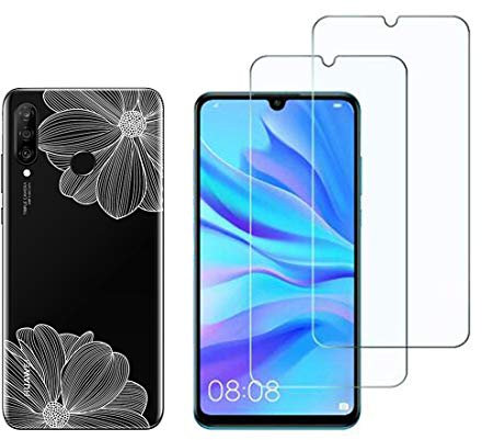 NOVAGO Compatible avec Huawei P30 Lite -Pack 2 en 1-Coque Souple Solide Anti Choc avec Impression + 2 Films Protection écran Verre trempé résistant (Coque+2 Films, Fleur Blanche)
