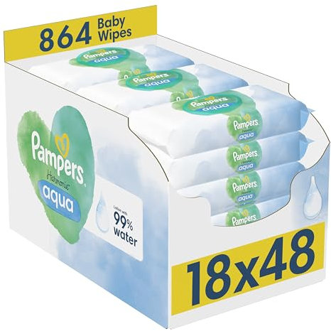 Pampers Harmonie Aqua Baby Wipes Plastic Free 18 Packs of 48 Wipes, 864 Baby Wet Wipes, Help Restore Natural Skin pH, Delicate Lotion with 99 Percent Water