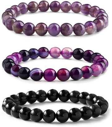 Adramata 3-teiliges 8mm Natürliches Edelstein Armband für Damen & Herren - Chakra Armband Set mit Natürlichem Amethyst, Gebändertem Amethyst & Schwarzem Obsidian