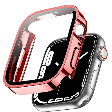 Miimall Wasserdicht Hülle Kompatibel mit Apple Watch Series 9/8/7 45mm 41mm Glas Displayschutz, Ultradünne PC Schutzhülle Vollschutz Kratzfest Schutz Case für iWatch Series 9/8/7 45mm - Rot