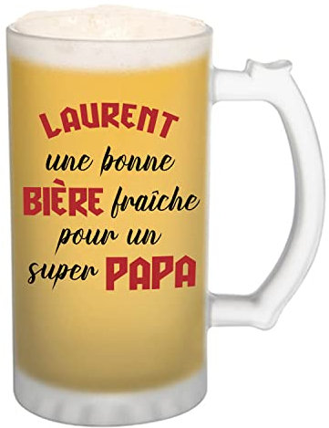Planetee Chope de bière Laurent Super Papa - cadeau idée anniversaire Fête des Pères Humour - Verre givré 470 ml avec poignée Alcool Pinte