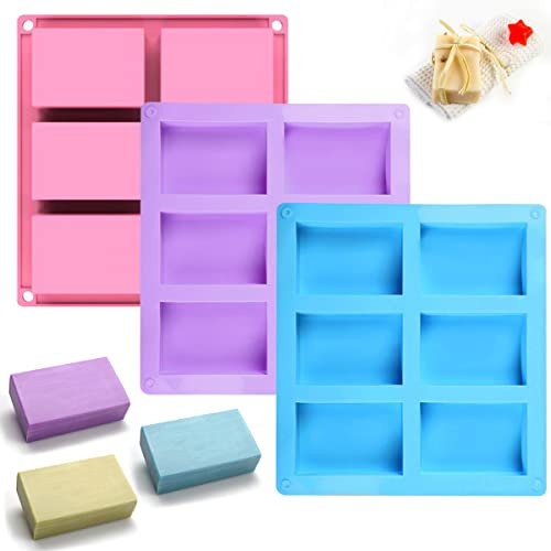 3 Piezas Molde para Jabón, Moldes Silicona para Jabones, Molde de Silicona Rectangular de 6 Cavidades, Suave y Fácil de Soltar, para Jabón Casero Hecho a Mano, Cubitos, Artesanía en Resina