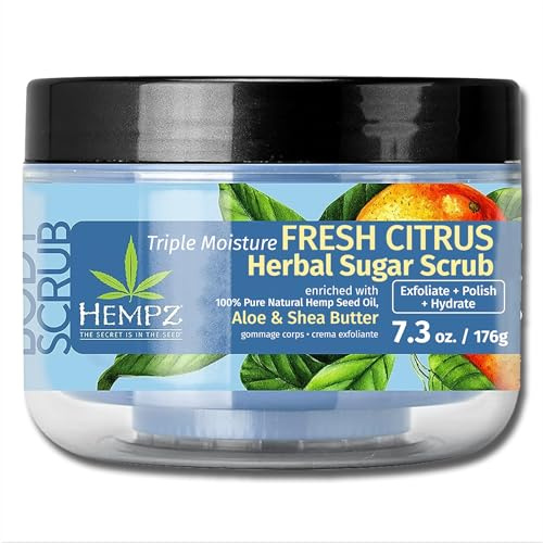 HEMPZ Sugar Body Scrub - All Natural Anti Aging Exfoliating Shea Butter, Sugar, and Salt - For Women, Men, and Teens - 7.3 fl oz (215mL, Grapefruit & Peach)