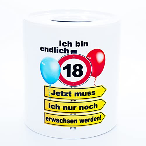 Ich bin endlich 18 ... Geldgeschenk lustig Spardose Sparschwein Sparbüchse Sparkasse Spaß Geld Geschenk Verpackung zum Geburtstag Geburtstagsgeschenk für Mädchen Junge Tochter Sohn Geschenkbox Keramik
