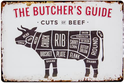 30 x 20 cm - Retro Blechschild für Grill und Koch Fans - The Butchers Guide - Cuts of Beef - Metzger, Fleischer BBQ Übersicht