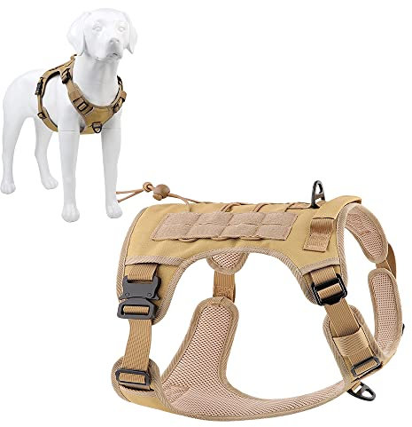 Plutus Pet Tactical Dog Harness, All Metal Buckles, No Pull Service Dog Vest with Handle, Adjustable Military Dog Harness with Hook & Loop Panels, for Small Medium Large Dogs, Khaki, XL