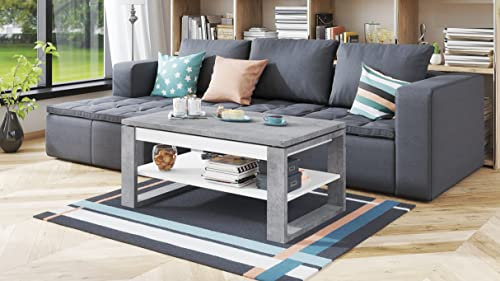 designimpex Design Couchtisch Multifunktion Arbeitstisch Tisch Nuo Ablage Esstisch, Farbe:Beton - Weiß matt