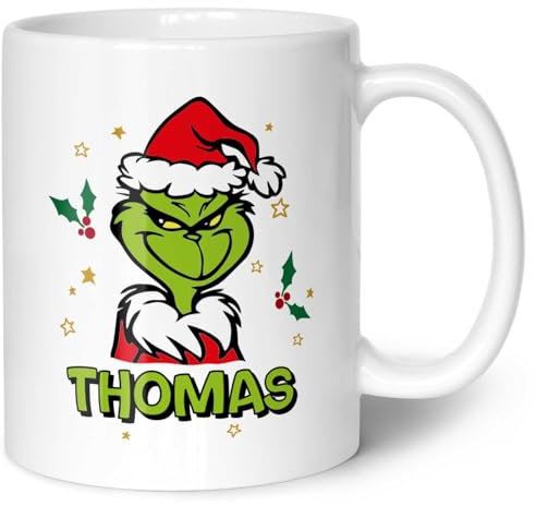 GRAVURZEILE Bedruckte Tasse - Grinch Motiv - Personalisiert mit Namen - Spülmaschinenfest & Mikrowelle geeignet - Weihnachtstasse als Geschenk für Sie & Ihn zu Weihnachten - Farbe: Weiß