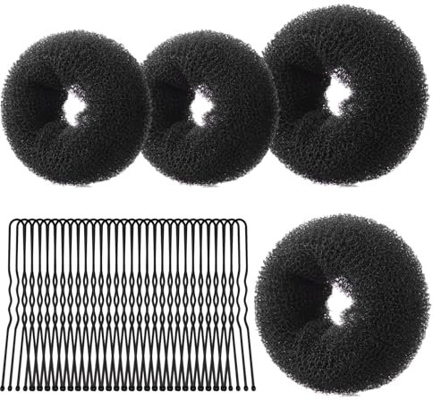 URAQT Machine à pain donut, 4PCS Cheveux Donuts Chignons et 30 Épingles à Cheveux, Machine à Chignon pour les Danseurs, les Enfants, les Filles et les Femmes, 6+8CM(Noir)