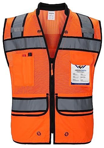 UNINOVA Warnweste für Herren and Damen -Mit 6 Vordertaschen und Reißverschluss, Reflektierende Weste Arbeitsweste EN ISO 20471(DE-Orange59,X-Large)