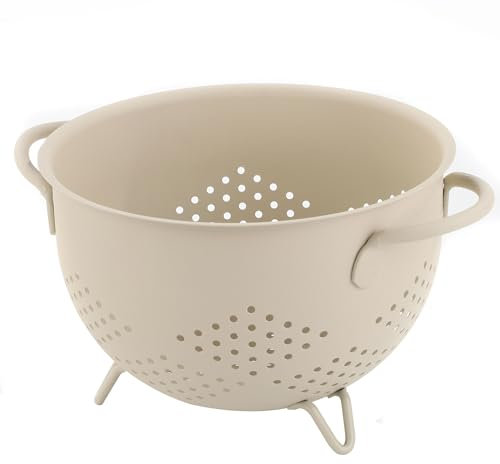 Metal Colander 5 Quart Powder Coated Self-draining Metal Strainer with Base,Kitchen Pasta Fruit Vegetable Basket with Double Handles (Matte Sandyellow)