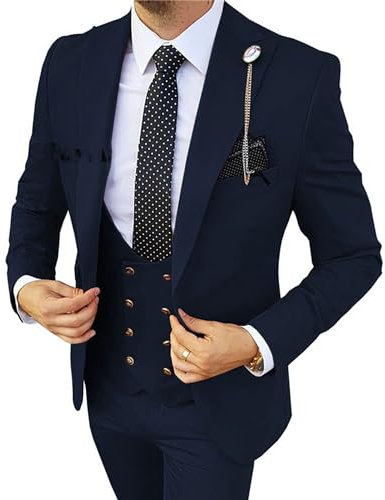 Herren Business Casual Bräutigam Anzug Set 3 Stück Slim Fit Double Breasted Smoking Anzüge Formal Anzug für Hochzeit Prom (Dunkelblau3,S)