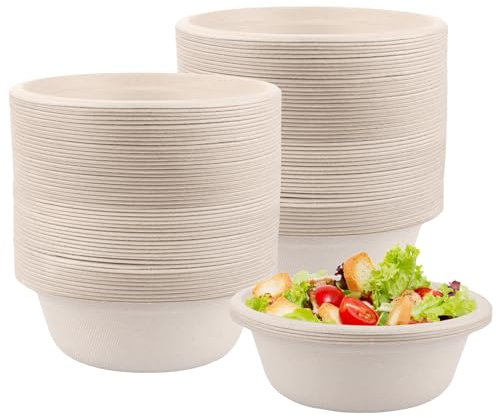 LDHHYH 100 Stück Einweg Suppenschalen 500ml, Einwegschüsseln aus Zuckerrohr Schnitzel, Einwegschalen, Suppenschüssel Einweg, Einweggeschirr Suppenteller Einwegsuppenschale für Warme und Kalte Speisen